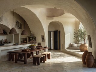 A large room with a table and chairs. A vase is on the table. There are two potted plants in the room