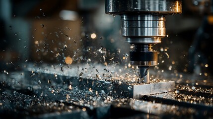 Automated Milling Machine Cutting Metal with Flying Splinters Close Up
