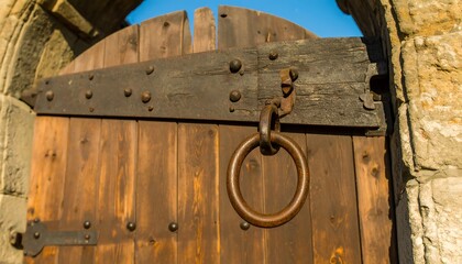 An aged, weathered wooden gate with antique metal hardware, showing a weathered, rusty ring pull and the worn, rich tones of the wood.