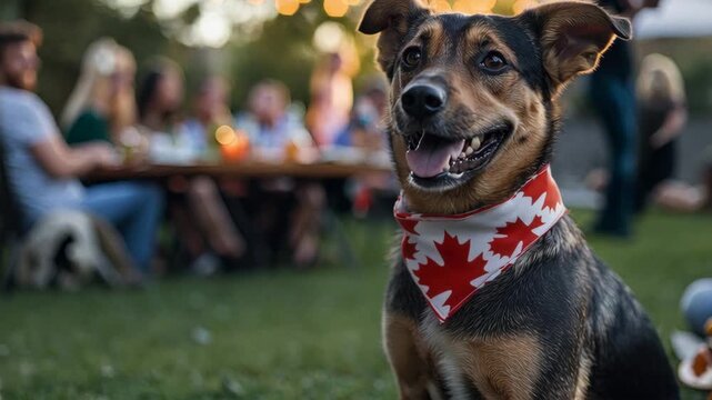 Cheerful dog with canada bandana at outdoor gathering with friends