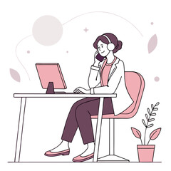 Woman talking on phone at desk with computer flat design