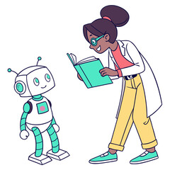 Woman teacher reading book to robot vector