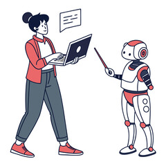 Woman teaching robot with laptop learning