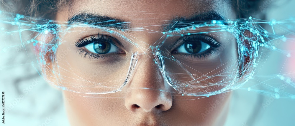 Poster close up of eyes behind protective eyewear showing glowing network patterns representing future biol