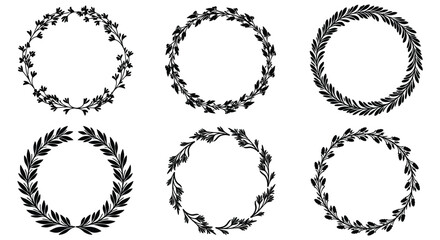 Collection of six different laurel wreath designs in black and white silhouette