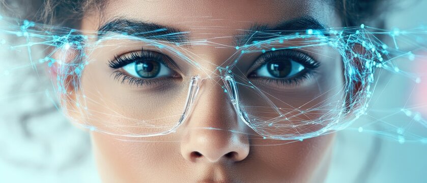 Close up of eyes behind protective eyewear showing glowing network patterns representing future biological research and discovery.