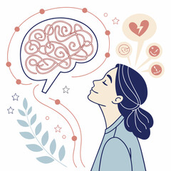 Woman with brain and thought bubbles thoughts emotions