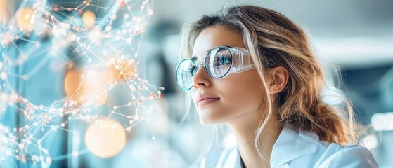Scientist observing complex molecular structure, looking towards future biology innovation in lab setting.