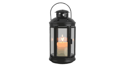  black metal lantern with bright burning candle isolated on transparent background