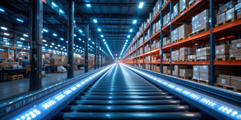 Warehouse conveyor system in action logistics facility infrastructure industrial environment perspective view automation concept
