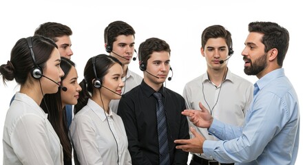 Team of Call Center Agents with Headsets Training Session.