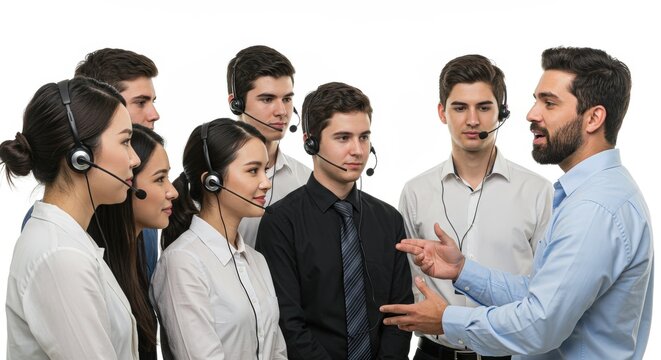 Team of Call Center Agents with Headsets Training Session.
