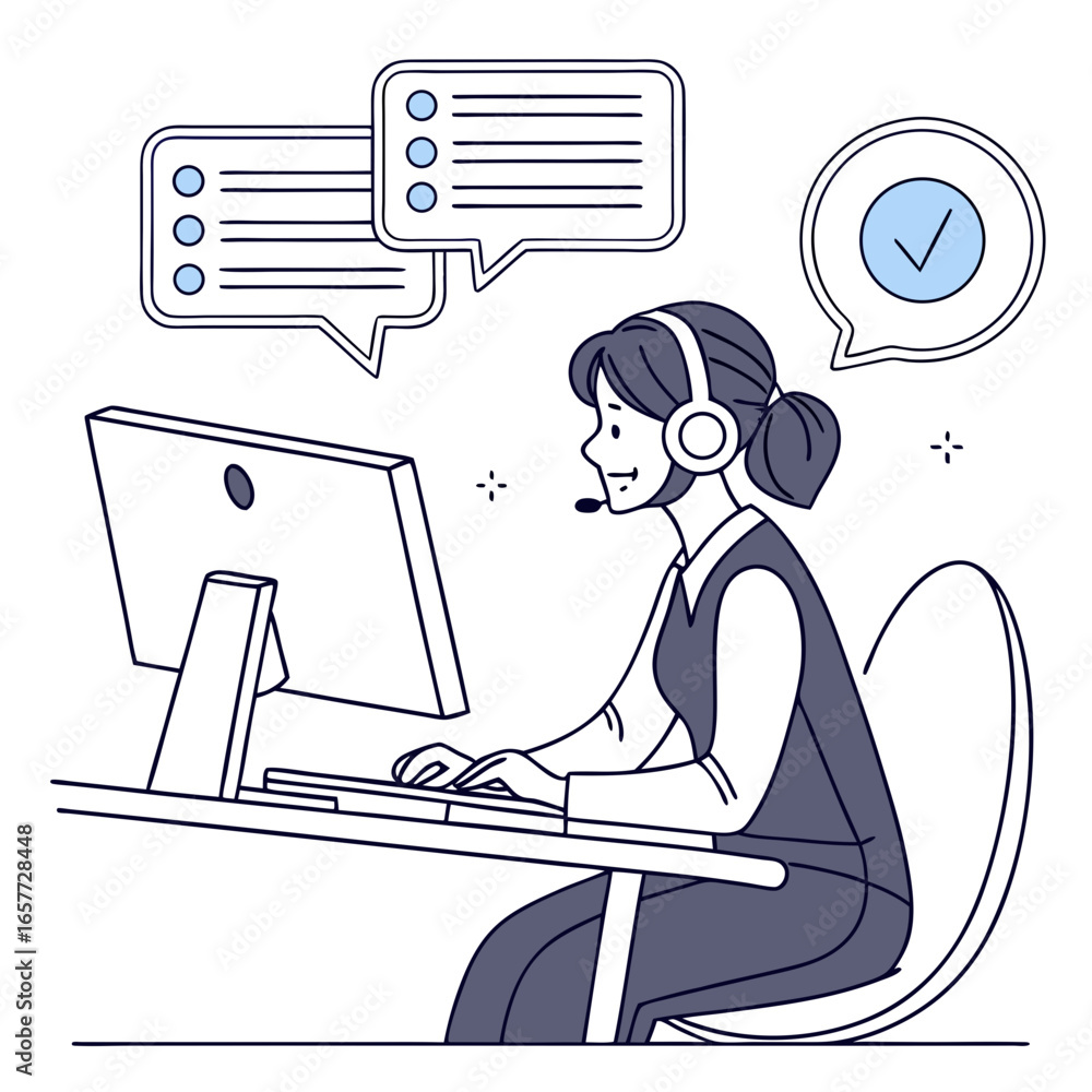 Poster woman with headset typing on computer and receiving messages