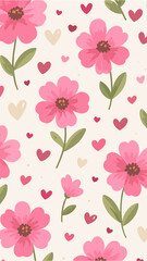 Seamless Pink Flower and Heart Pattern