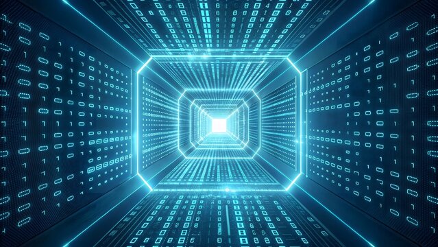 Abstract glowing blue digital tunnel with binary code data stream - Powered by Adobe