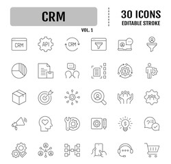 Customer Relationship Management Line Editable Icons set.  Containing data analysis, marketing, and more. Vector illustration
