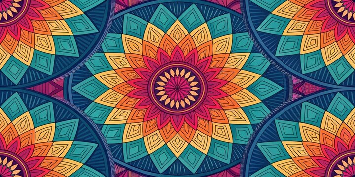 Vibrant geometric mandala pattern with intricate ethnic motifs