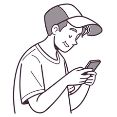 Young man in baseball cap using smartphone mobile phone