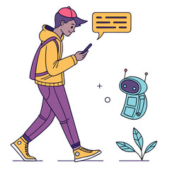 Young man interacting with digital assistant robot