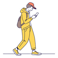Young man in yellow outfit with backpack and phone