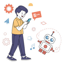 Young man interacting with robot and technology elements