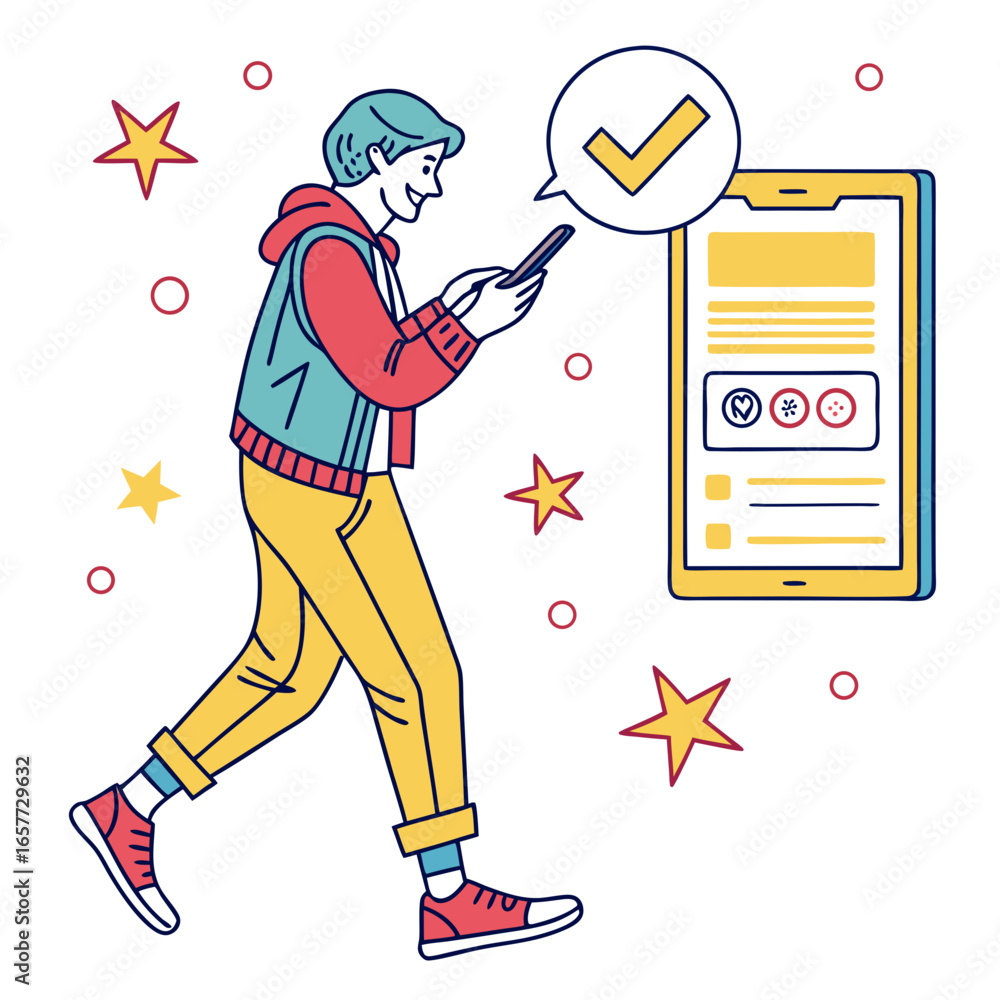 Poster young man using smartphone with checkmark notification