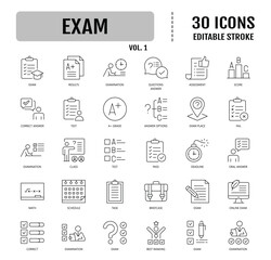 Exam Line Editable Icons set. Containing questionnaire, test results, answer, and more. Vector illustration