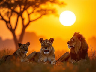 Famille de lions majestueux au coucher de soleil africain dans la savane dorée et sauvage