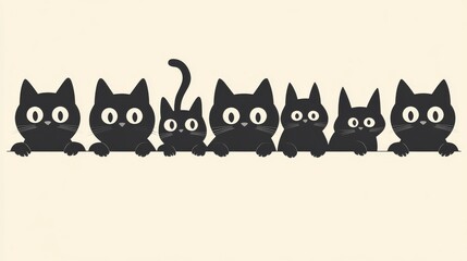 51.Minimalist vector design featuring a group of cartoon-style cat silhouettes hiding behind a wall, with expressive round eyes and perky ears visible, creating a fun and whimsical scene ideal for