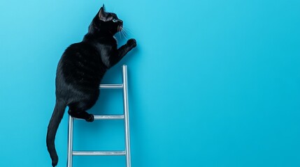 15.Side view of a black cat climbing halfway up a silver aluminum ladder, one paw reaching up, its tail curled for balance, set against a clean blue backdrop, emphasizing motion and curiosity.