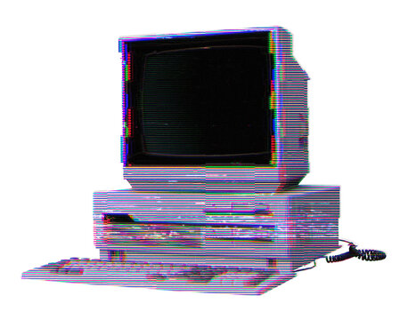 Retro desktop PC computer collage element with digital glitch distortion effect isolated on transparent background