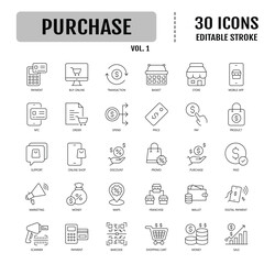 Purchase Line Editable Icons set. Containing order, seller, buy online, price, and more. Vector illustration
