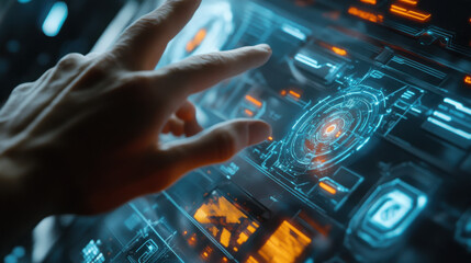 A hand interacting with a futuristic holographic interface with glowing blue and orange elements visible