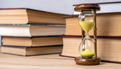 Timeless Knowledge Concept with a Sand Timer and Reference Books