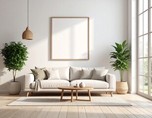 Minimalist living room with hanging frame mockup in A paper size, wooden bench, plants, and bright natural wall decor