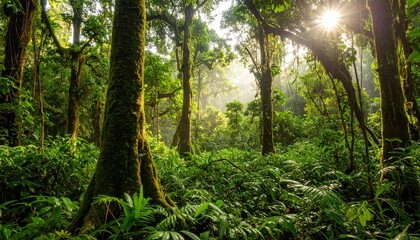 Fototapeta premium Sunlight streams through the dense canopy of a lush, green tropical rainforest, illuminating the vibrant foliage and moss-covered trees.