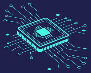 Abstract circuit board with a central processor chip and glowing lines