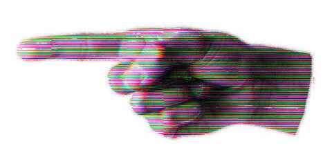 Hand with pointing index collage element with digital glitch distortion effect isolated on transparent background