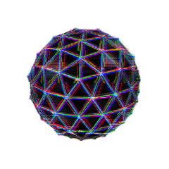 Triangulated sphere graphic with digital glitch distortion effect isolated on transparent background