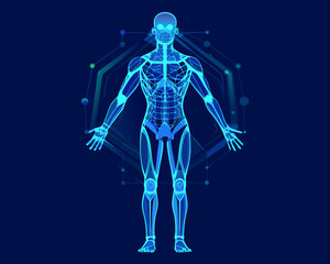 Futuristic human anatomy with digital network overlay