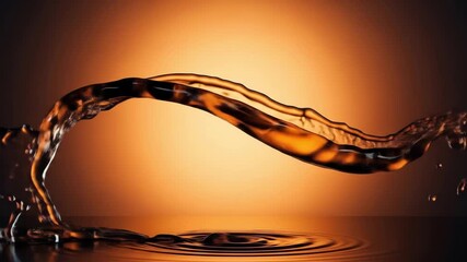 A wave of dark liquid splashes across a reflective surface against a warm, glowing orange background. - Powered by Adobe