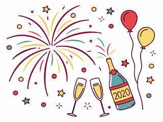 Happy new year celebration with fireworks champagne and balloons