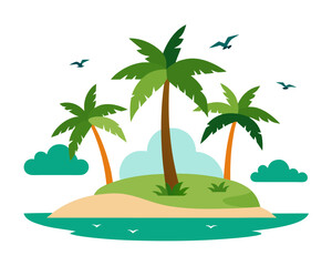 Tropical island paradise with palm trees and ocean birds