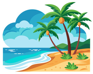 Tropical beach scene with palm trees and turquoise ocean waves