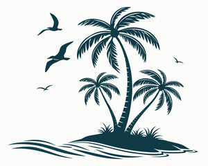 Tropical island with palm trees and flying seagulls over stylized waves