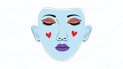 A serene woman's face with purple lips and orange eyeshadow rests peacefully, adorned with small hearts