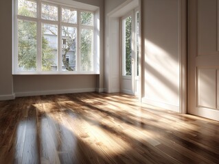Fototapeta premium A large room with a window and a door. The floor is made of wood. The room is empty