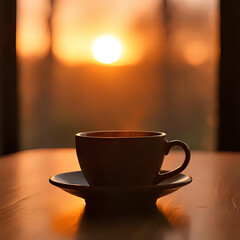 Obraz premium Black coffee cup silhouette against blurred sunset background with warm golden bokeh lights