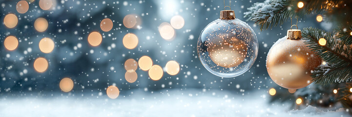 Snow-covered Christmas tree balls hanging on a branch close-up on a blurred background with bokeh effect and snowfall. Christmas background