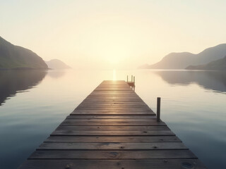 Obraz premium Ponton de bois menant vers un horizon lumineux au lever du soleil sur un lac paisible